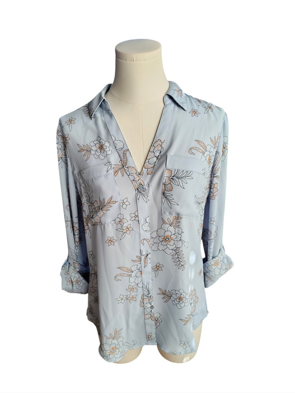 Candies Dainty Light Blue and Black Floral Button down Blouse Size Small